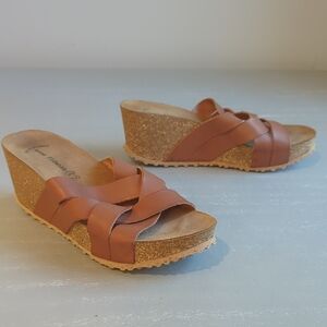 Wedge Sandals Cork Footbed‎ Leather Upper Tan Size 8